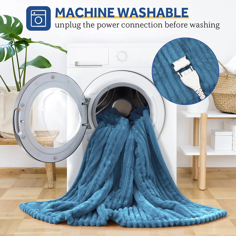 Heated Blanket Electric Queen Striped Flannel Blanket 84"x90" Electric Blanket with 6 Heat Settings 10 Hour Timer Auto Shut Off, Blue - Image 6