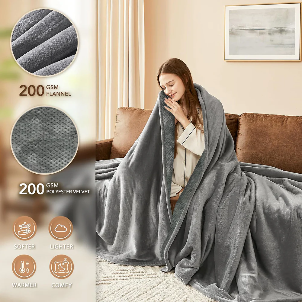 Heated Throw Blanket 60"x 70" Extra Large Size Flannel and Velvet with 10 Optional Heating Levels ,8 Hours Timer Up- Gray - Image 2