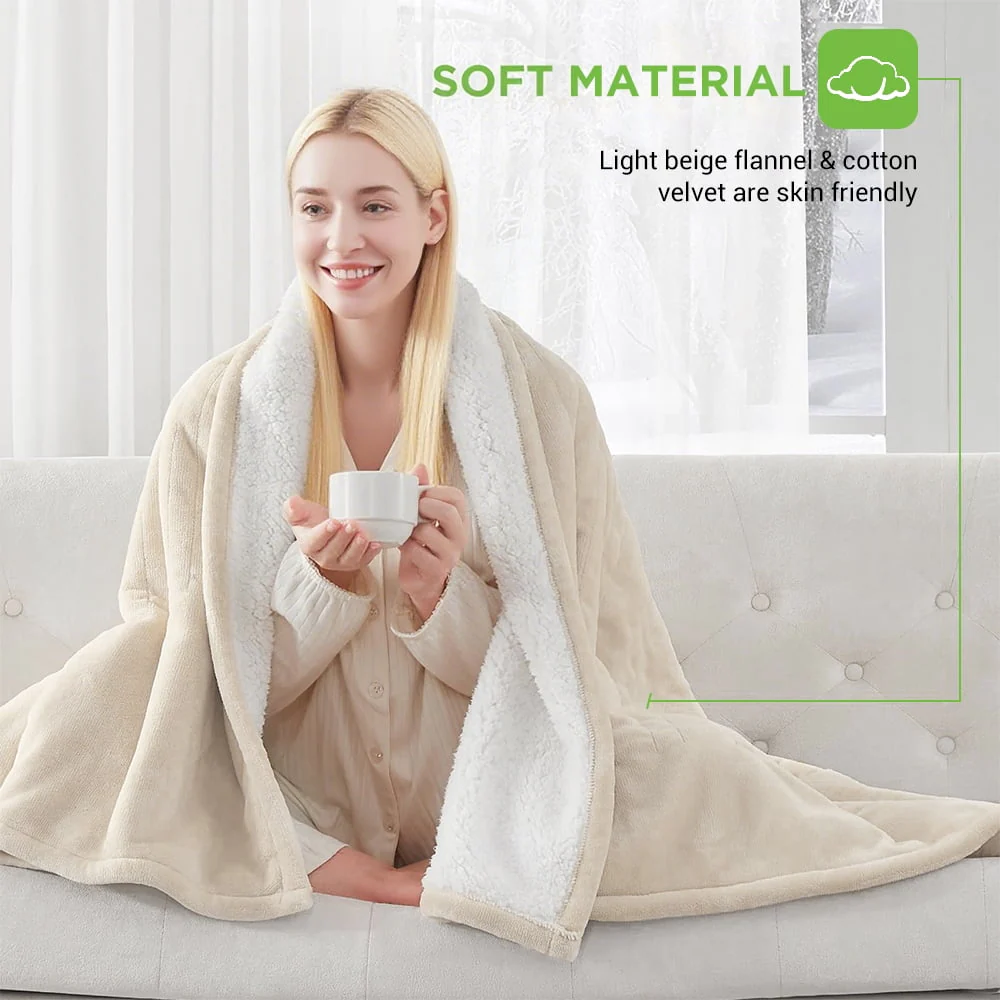 kibhous Electric Blanket Queen Size,Flannel and Shu velveteen Heated Blanket with 10 Heating Levels & 1-8 Hours Auto Shut Off, Machine Washable, Beige, 84" x 90" - Image 4