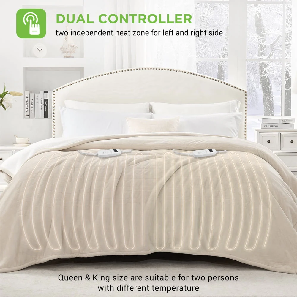 kibhous Electric Blanket Queen Size,Flannel and Shu velveteen Heated Blanket with 10 Heating Levels & 1-8 Hours Auto Shut Off, Machine Washable, Beige, 84" x 90" - Image 5